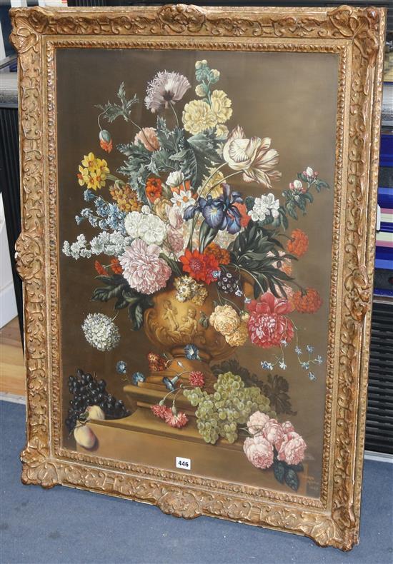 George Austin, oil, on canvas, still life of flowers in a vase on a ledge, signed and dated 1949, 83 x 57cm